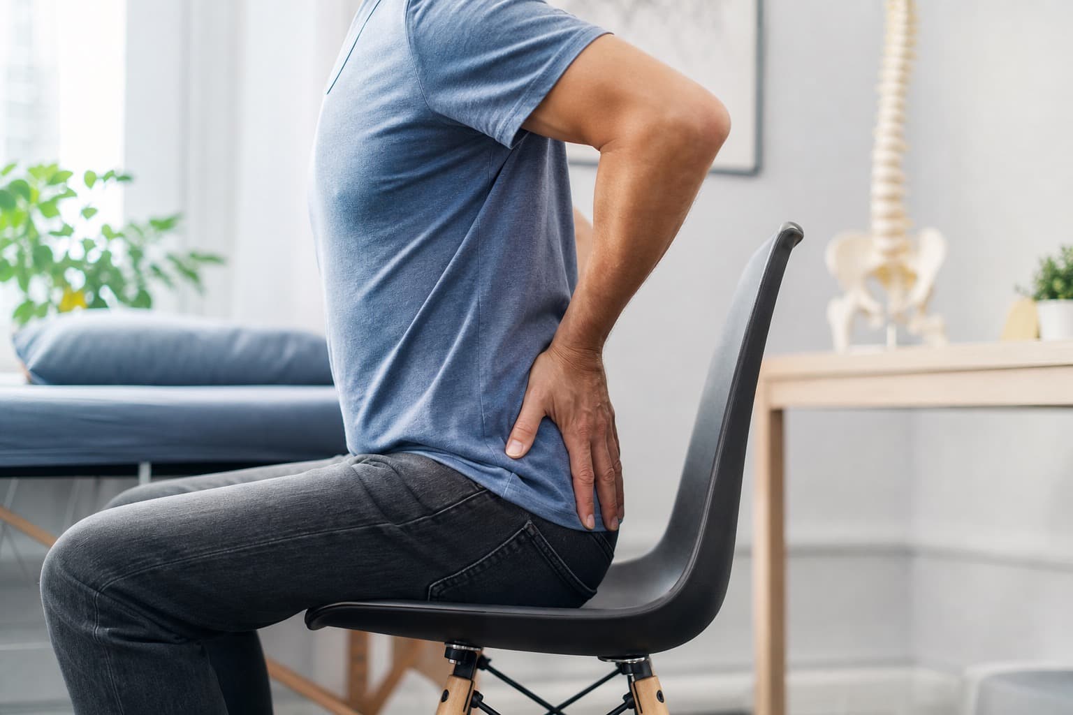 Person experiencing discomfort in the lower back and tailbone area while sitting