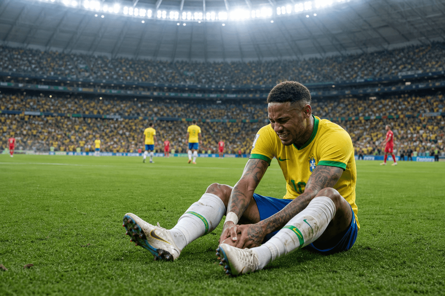 Brazil football player injured on ankle during World Cup match at stadium